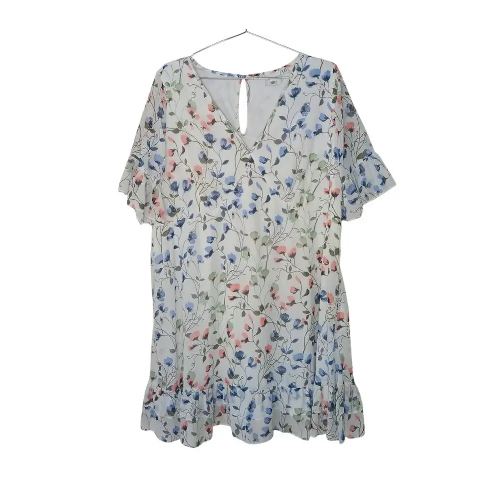 Junarose Women’s Dress 14 Floral Ruffle Hem Short Sleeve Above Knee Boho Spring - Picture 2 of 15